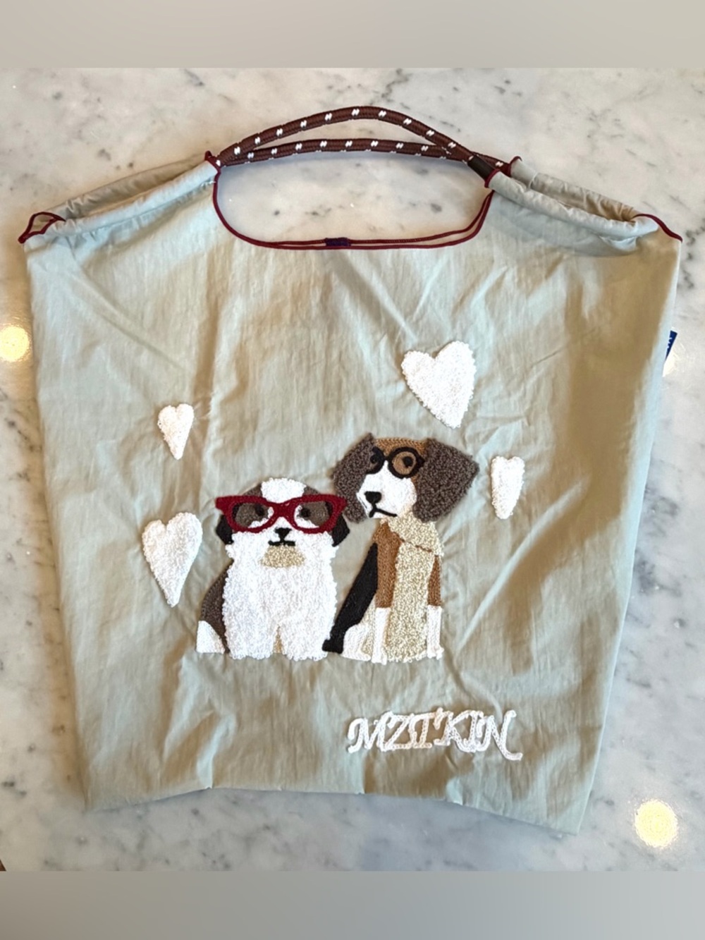 Mztkin nylon tote, cord handles, embroidered dogs in glasses, M, beige, like new - Picture 4 of 12